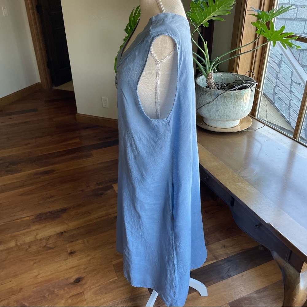 Tempo Paris Light Blue Button Detail 100% Linen V-Neck Sleeveless Dress Large - Picture 2 of 11